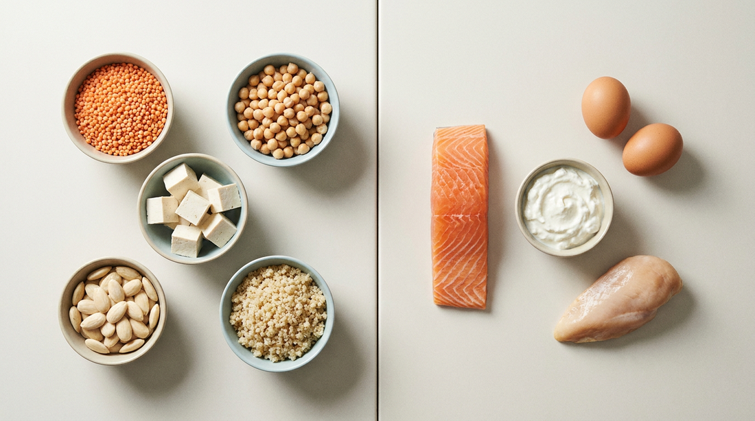 Pflanzliche Proteinquellen wie Linsen, Kichererbsen und Tofu links, tierische wie Lachs, Eier und Quark rechts im direkten Vergleich
