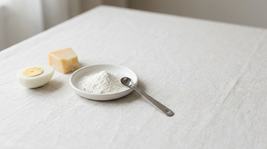 Kleine weiße Schale mit feinem Pulver, daneben ein halbiertes gekochtes Ei und ein Stück Hartkäse als leucinreiche Lebensmittel