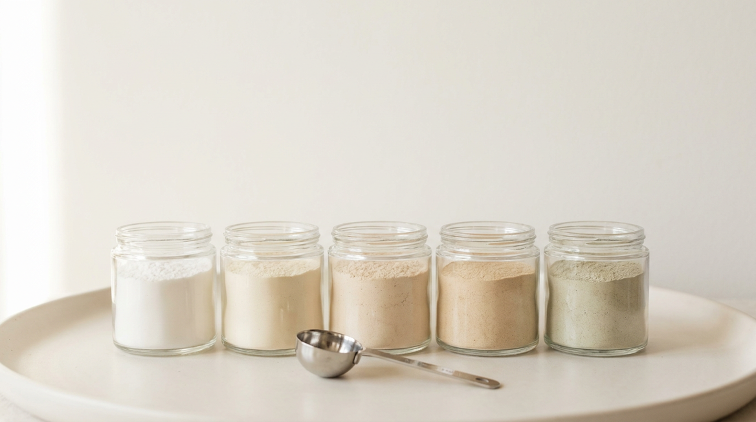 Fünf kleine Glasgefäße mit unterschiedlich gefärbten Proteinpulvern nebeneinander, davor ein Messlöffel