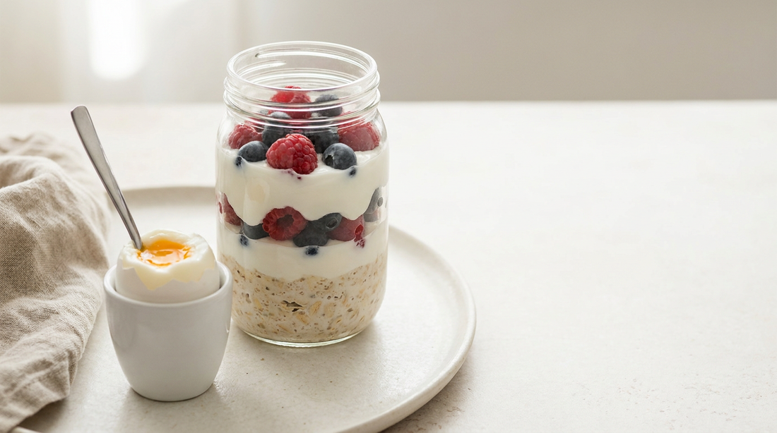 Glas mit geschichteten Overnight Oats, Skyr und Beeren, daneben ein wachsweiches Ei im Eierbecher