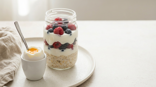 Glas mit geschichteten Overnight Oats, Skyr und Beeren, daneben ein wachsweiches Ei im Eierbecher