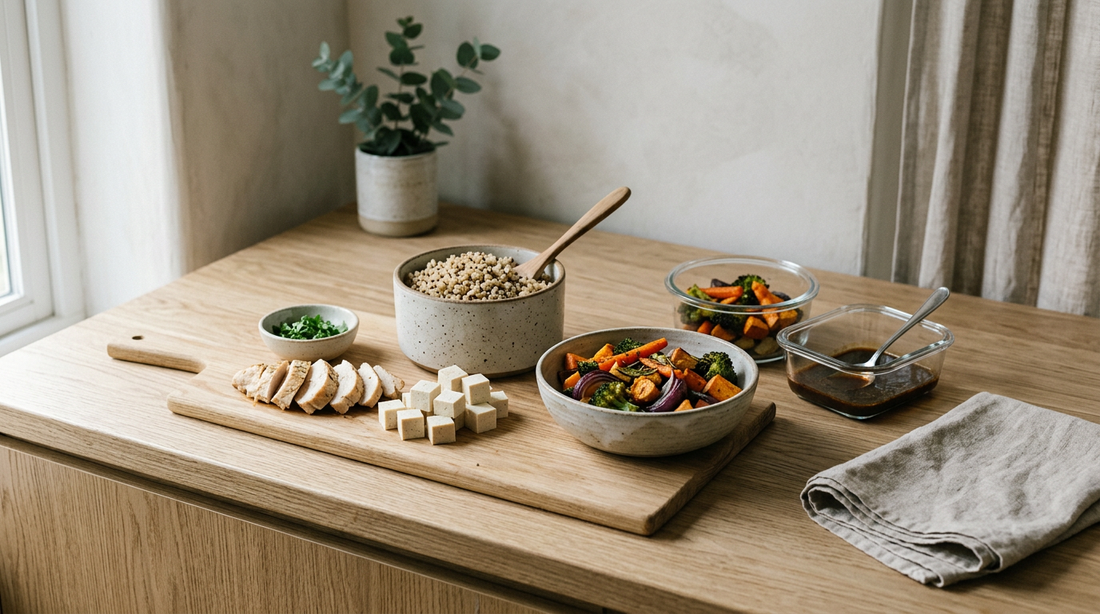 Küchenarbeitsplatte mit Schneidebrett, geschnittener Hühnerbrust und Tofu, Topf mit Getreide, Ofengemüse und offenen Glasbehältern