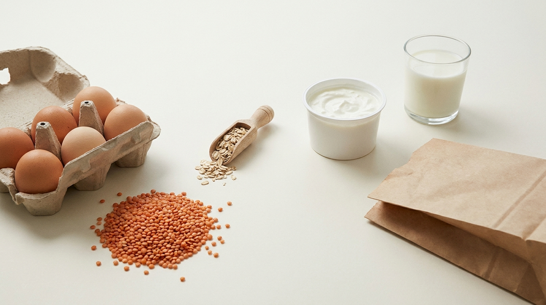Günstige Grundnahrungsmittel auf heller Fläche: geöffneter Eierkarton, rote Linsen, Haferflocken, Quarkbecher, ein Glas Milch und eine Papiertüte